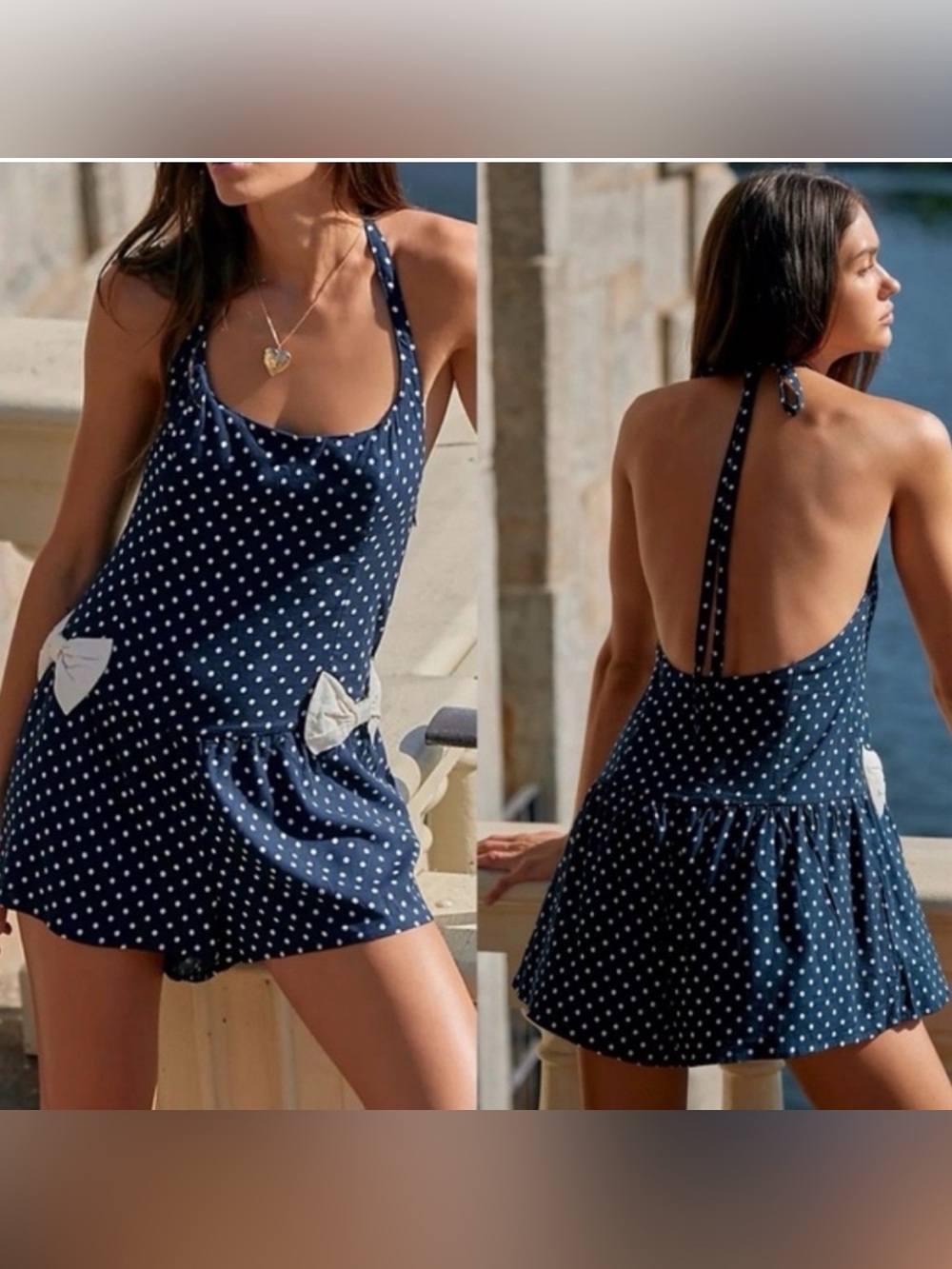 Free People Navy Polka Dot Halter One-Piece Romper